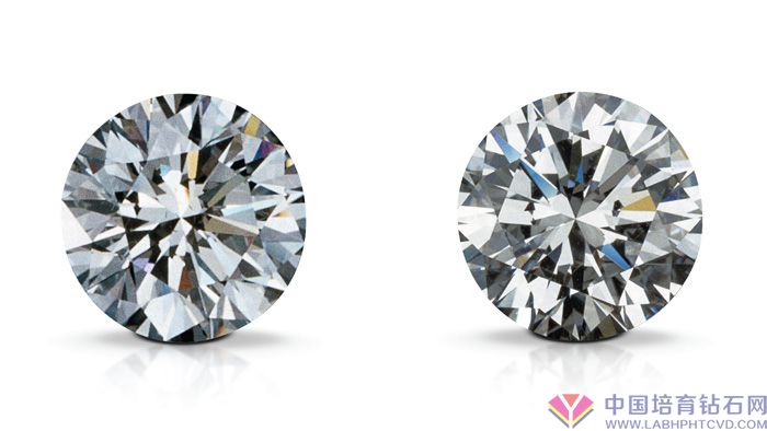人造钻石（左）和天然钻石（右）在肉眼看来可能完全相同。